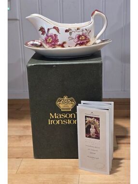 Vtg Mason's Ironstone Miniature Gravy Boat & Underplate Mandalay Red 22K Gold
